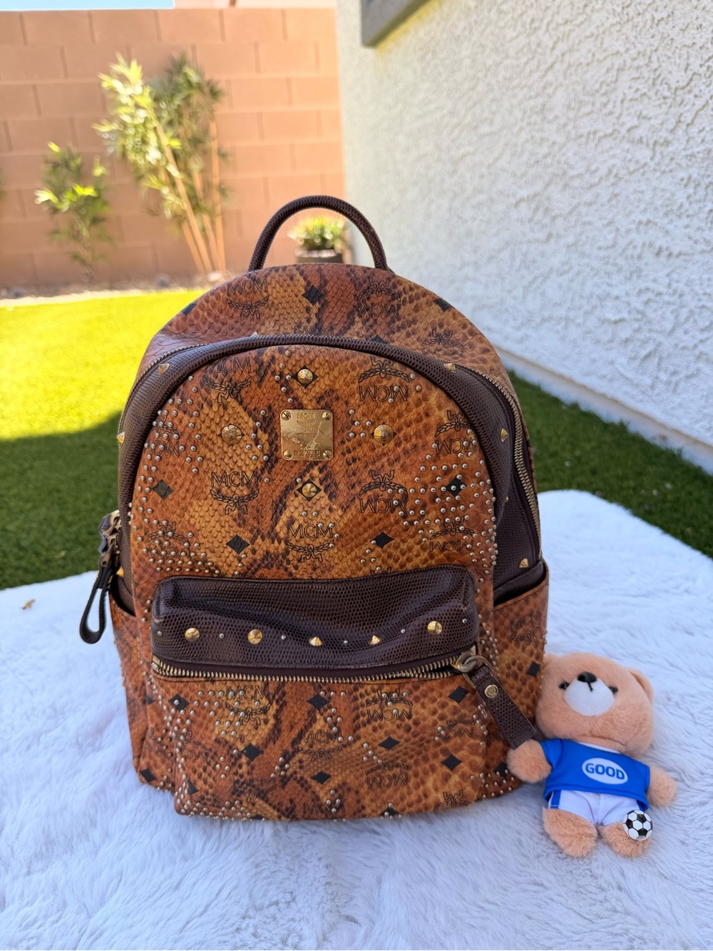 MCM Brown Snakeskin Print Mini Backpack with Gold Studs